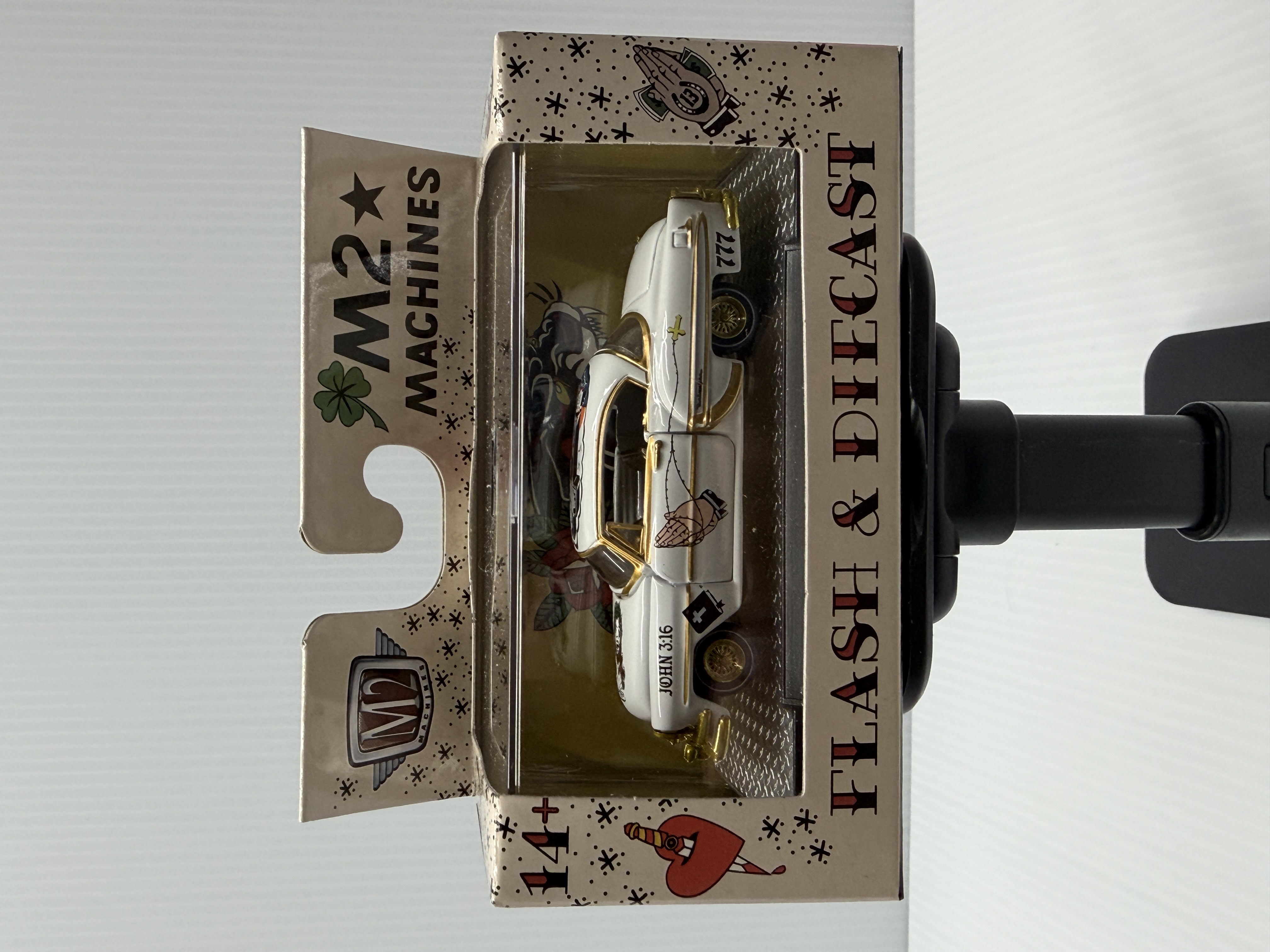 M2 Machines 1954 Chevrolet Bel Air — White / gold chrome 'Holy Roller' tattoo graphics — Chase