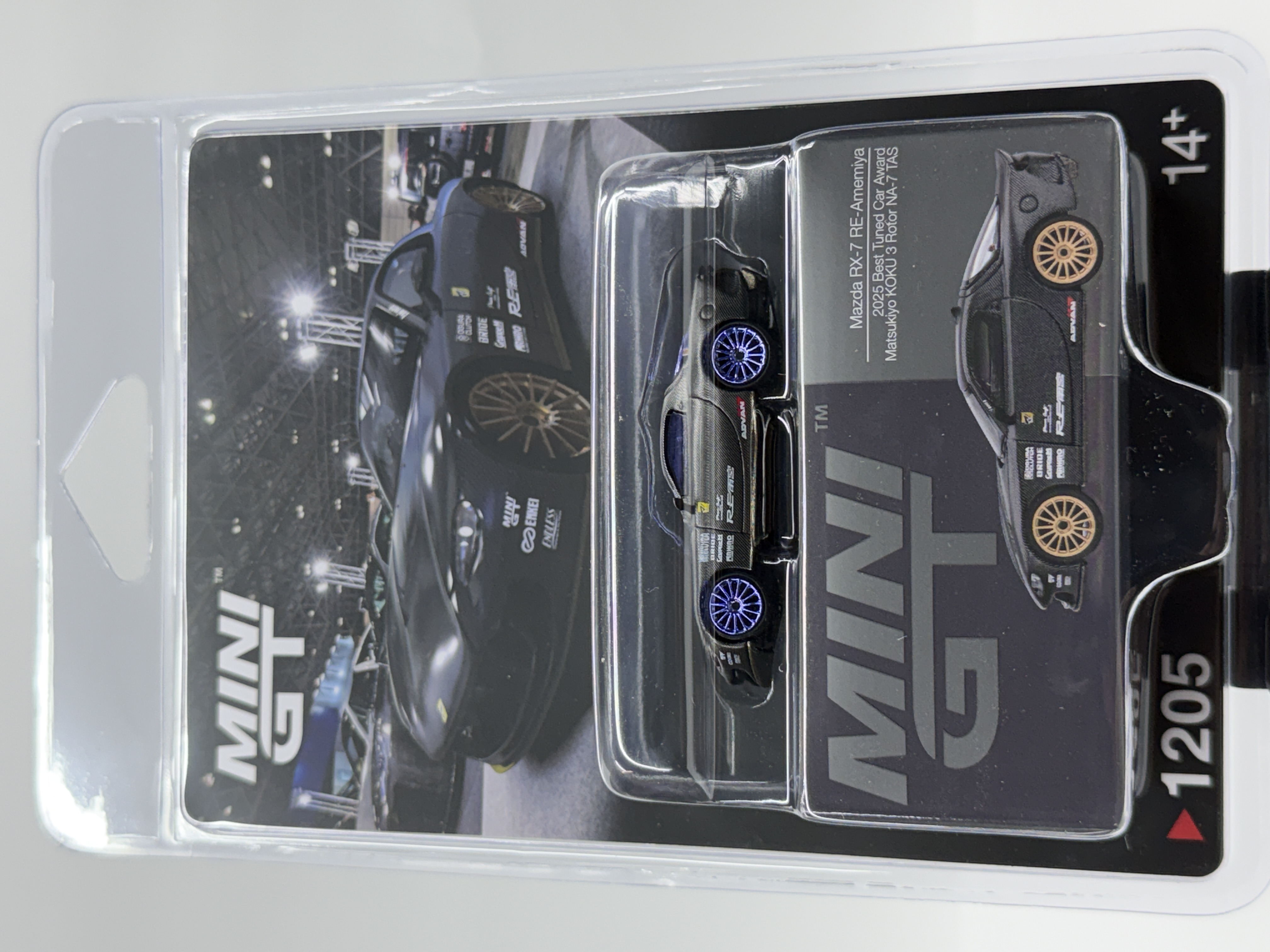 MINI GT #MGT01205-BLC Mazda RX-7 — RE-Amemiya Matsukiyo KOKU 3 Rotor NA-7 — Purple Wheels & Windows Chase